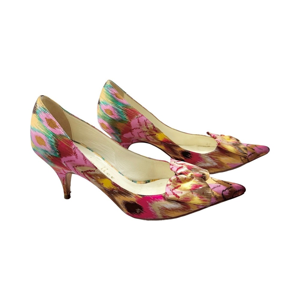 Bettye Mueller Kitten Heels Peacock Print‎ Bow Detail Size 36  US 5.5 6 Vintage